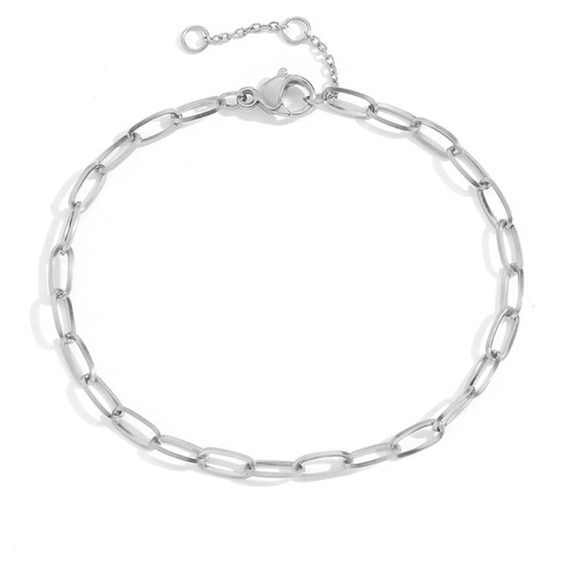 Adjustable silver stainless steel chain bracelet with minimalist oval link design, simple jewelry style.
