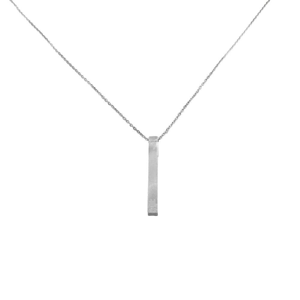 Classic silver square bar stainless steel pendant necklace with minimalist design on white background.