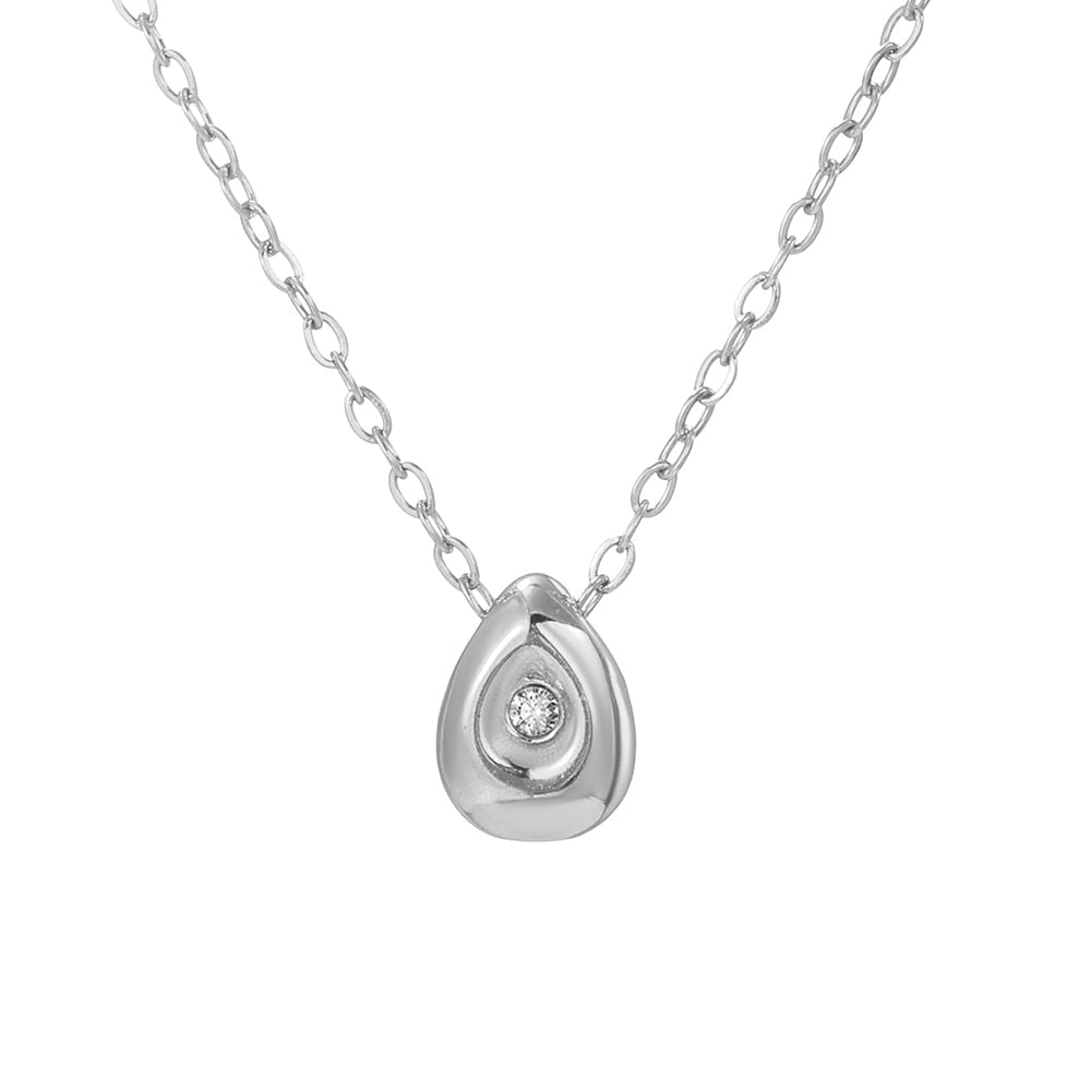 Silver water drop pendant necklace with polished stainless steel chain on a clean white backdrop.