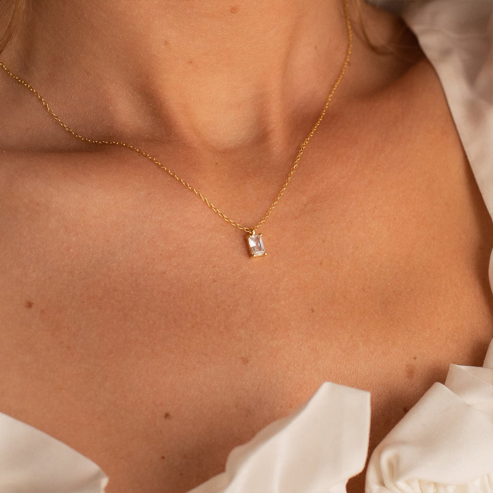 Rectangular Zirconia Pendant Stainless Steel Necklace