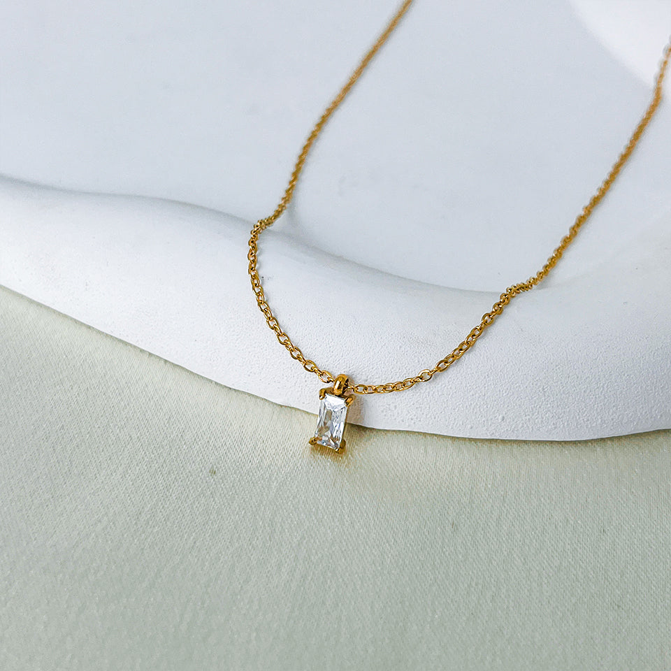 Rectangular Zirconia Pendant Stainless Steel Necklace
