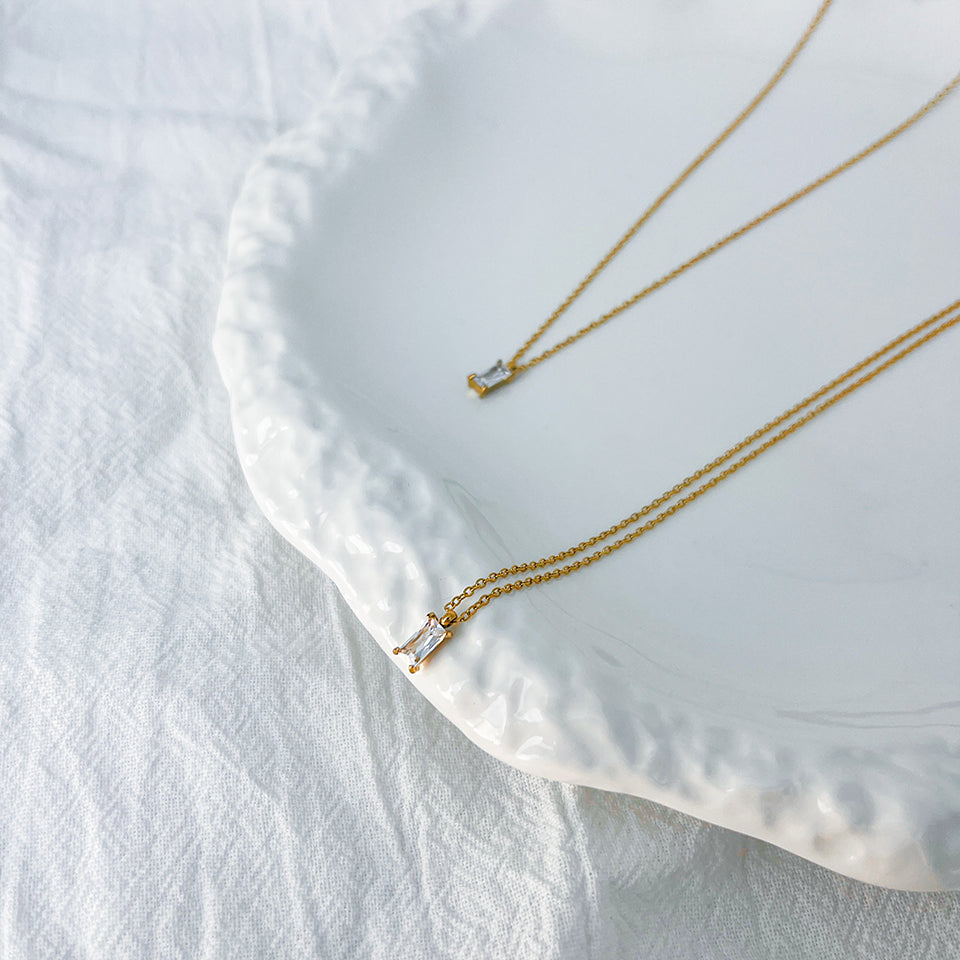 Rectangular Zirconia Pendant Stainless Steel Necklace